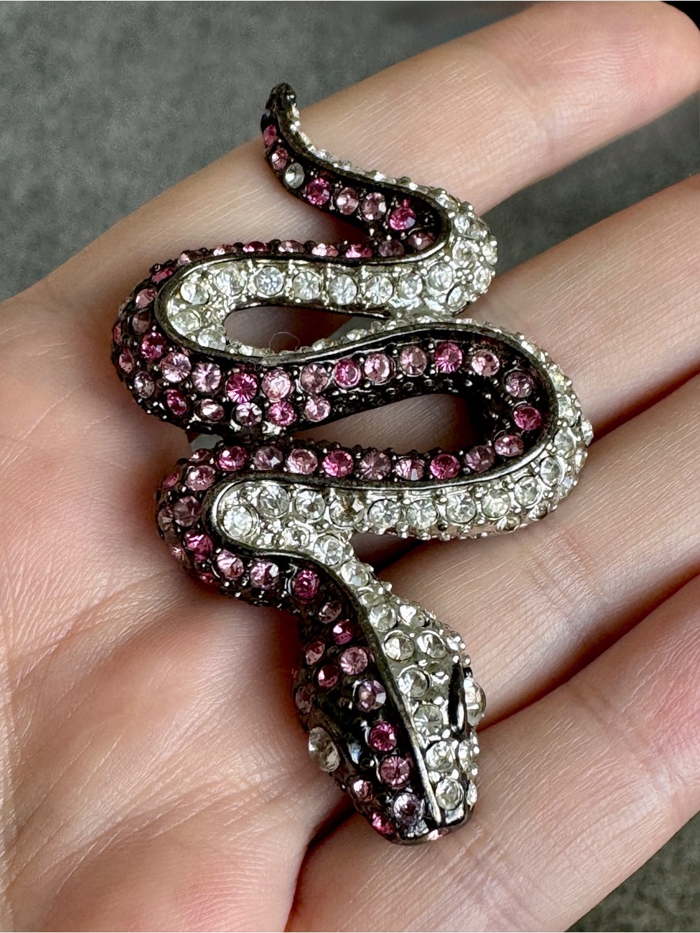 Vintage Kenneth Jay Lane KJL Snake Brooch Pink Clear Rhinestones Gunmetal